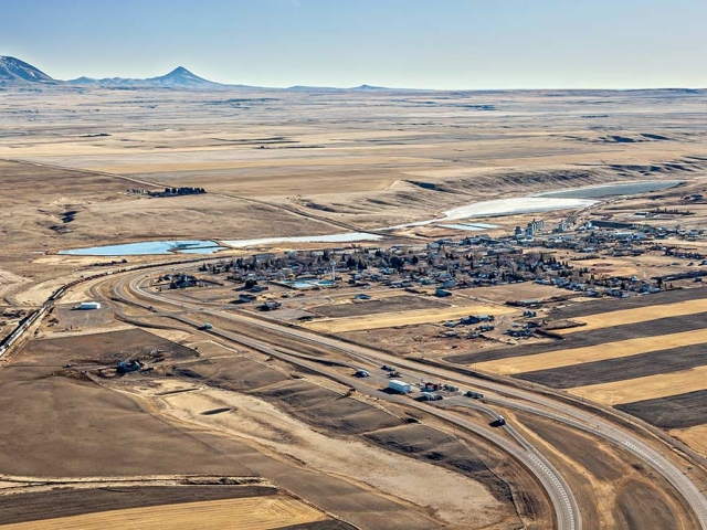 Aerial photo of town of Coutts, Alberta on the Montana border. 09112342