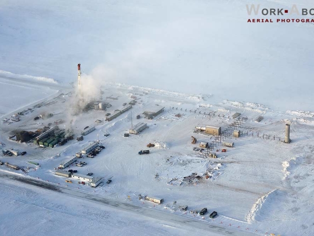 Aerial photo of winter oil rig