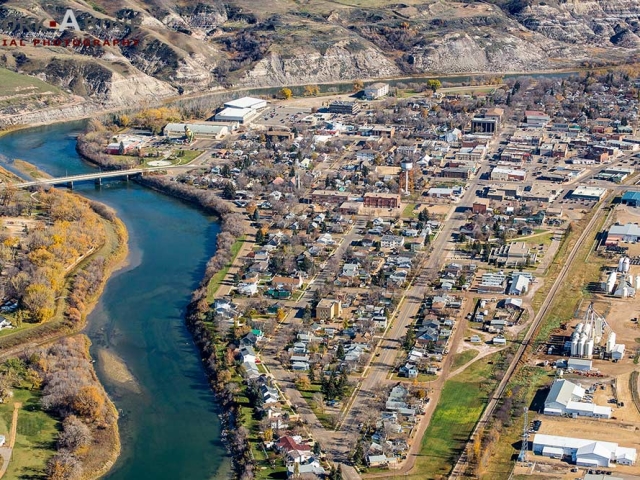 Aerial view of Drumheller, Alberta on the Red Deer river. 151014_6062