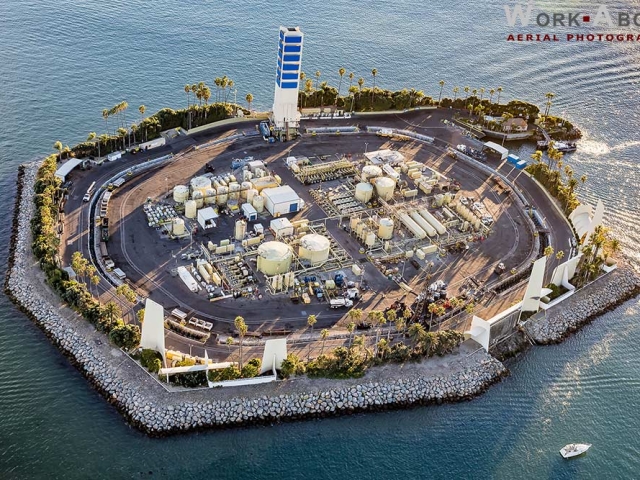 Aerial photo of THUMs Island off Long Beach, CA