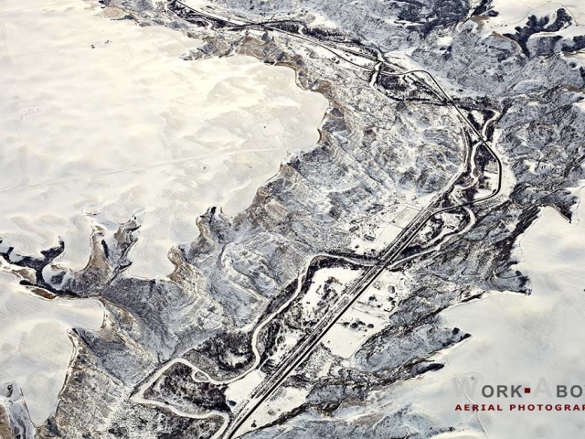 Aerial winter view of badlands near Drumheller, Alberta