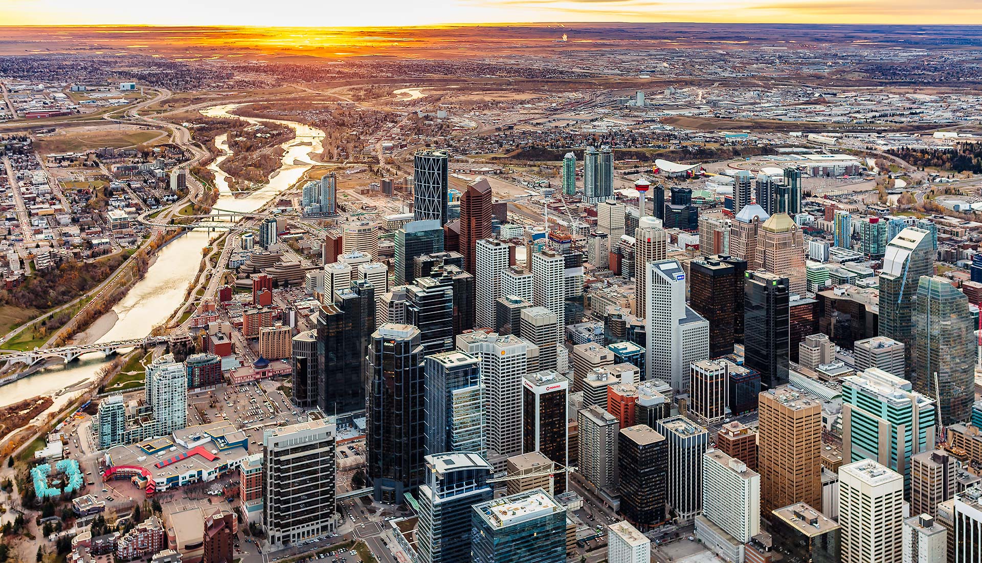 Aerial photo of downtown Calgary at sunrise